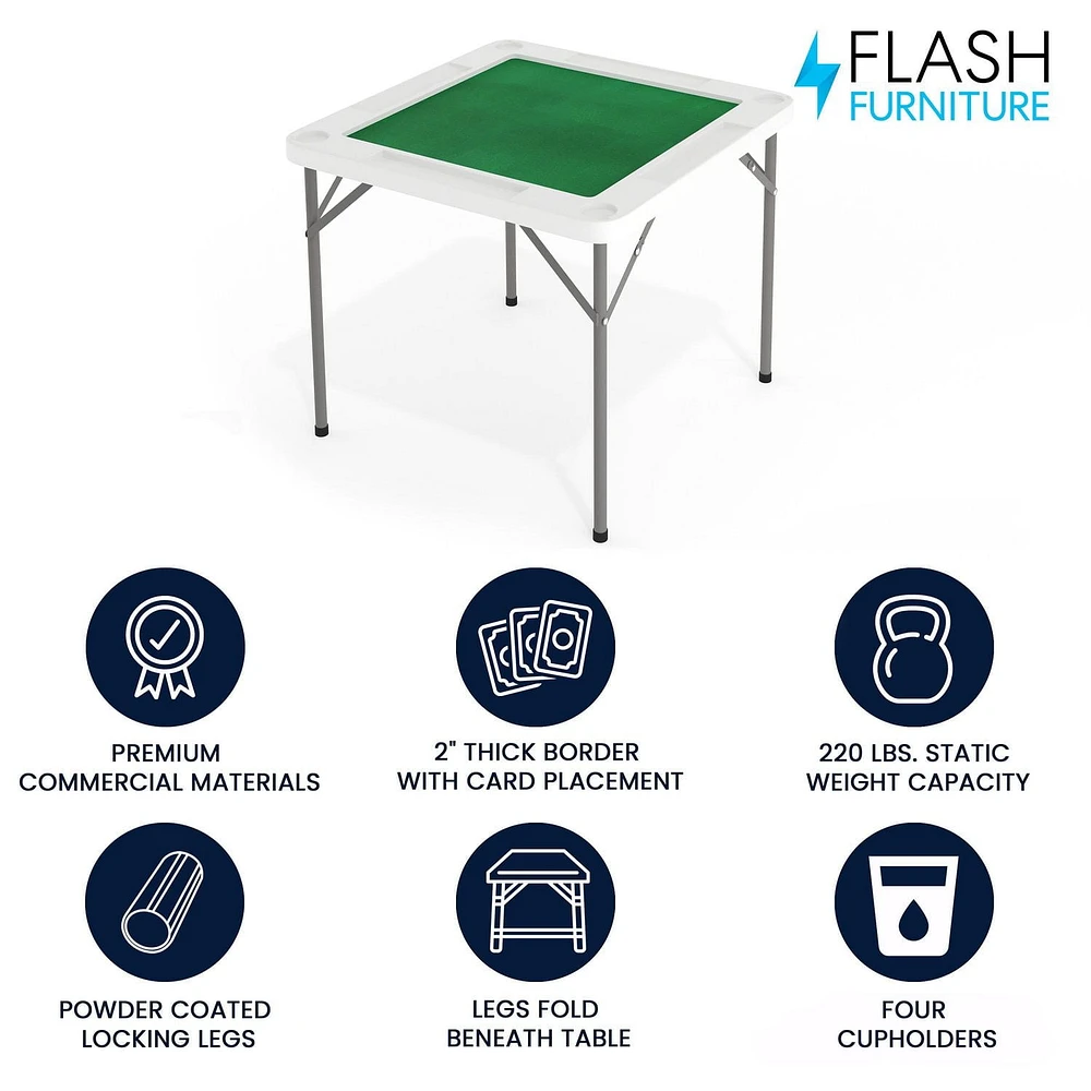 Table de jeu pliante blanche granite et carrée de 34,5 po avec surface de jeu verte