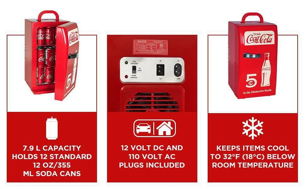 Coca-Cola Retro 18 Can Portable Mini Fridge, 22L AC/DC Cooler for Dorm, Office, Travel - Red