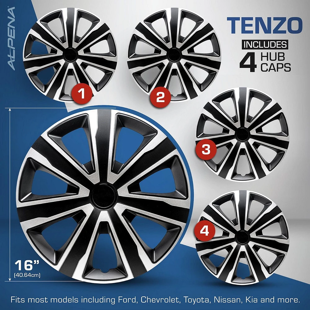 Alpena 16" Axel Wheel Covers, Silver & Black, set of 4