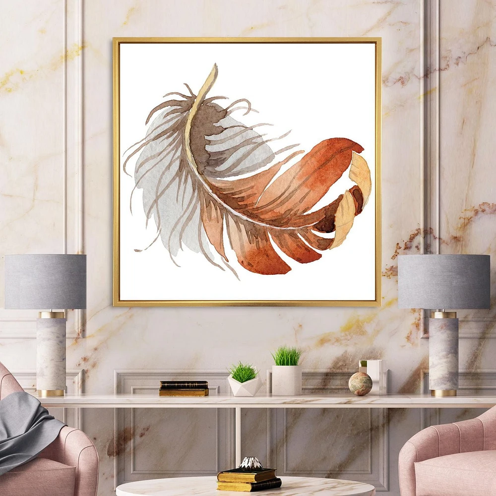 Designart Plume d'Oiseau Ethnique Orange ART MURAL À CADRE FLOTTÉ