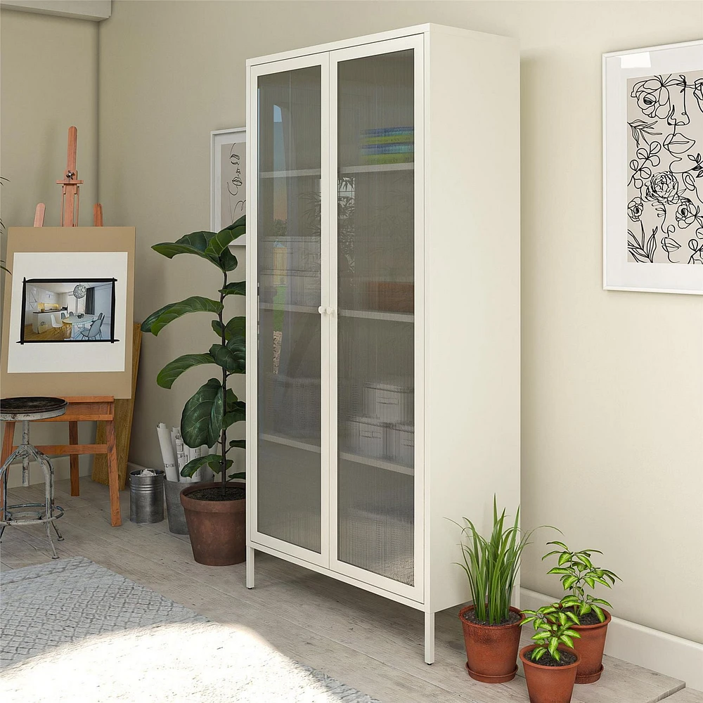 Systembuild Evolution Ashbury Heights Tall 2 Door Storage Cabinet-Fluted Glass Metal Locker, Black
