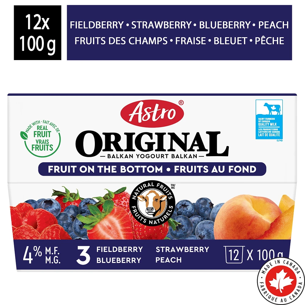 Astro Original Yogourt Fruits au fond Pêche, Fraise, Bleuet, Fruits des Champs 4 % 16x100g