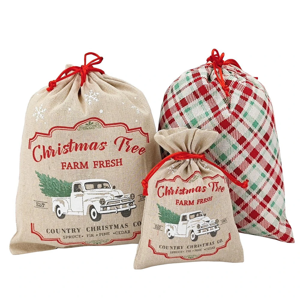 Holiday Time 3 Pieces Fabric Bags with Drawstring1 Piece 5"x7" +2 Pieces 8"x10" for Xmas Package Storage