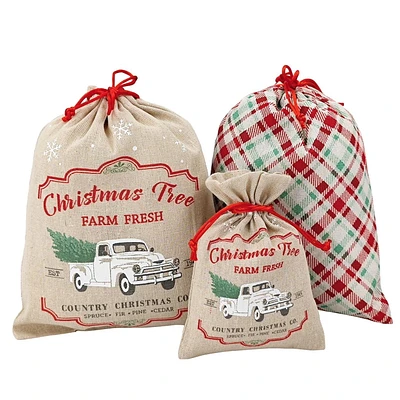Holiday Time 3 Pieces Fabric  Bags with Drawstring1 Piece 5"x7" +2 Pieces 8"x10"  for  Xmas Package Storage
