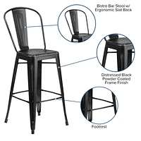 Tabouret de bar en métal vieilli noir de 30 pouces de hauteur pour l'intérieur et l'extérieur avec dossier