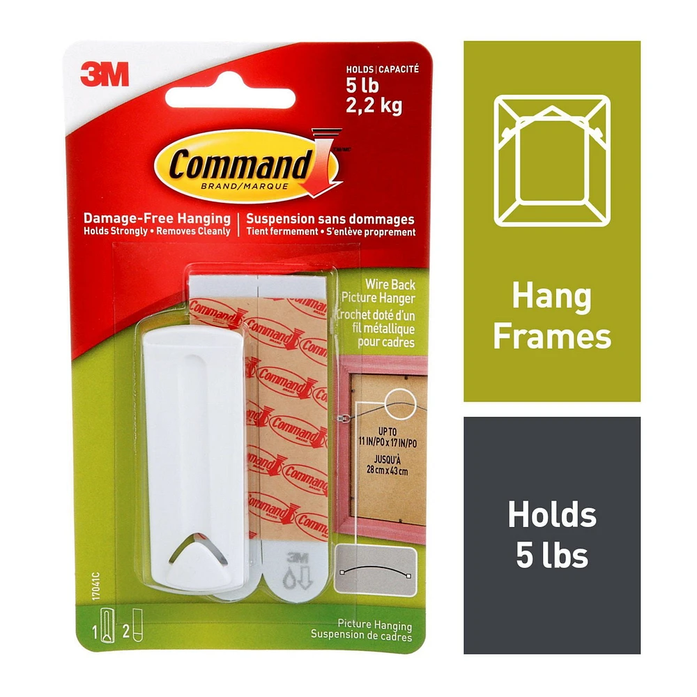 Command™ Wire Back Picture Hanger 17041C, Large, 1 Hanger, 2 Strips, 5 lb