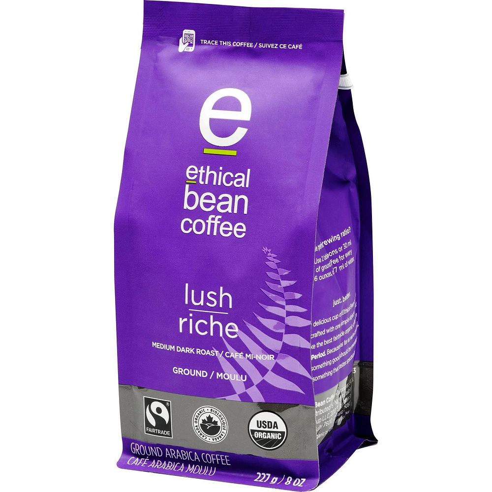 Ethical Bean Fairtrade Organic Coffee, Lush Medium Dark Roast, Ground Coffee, 227g