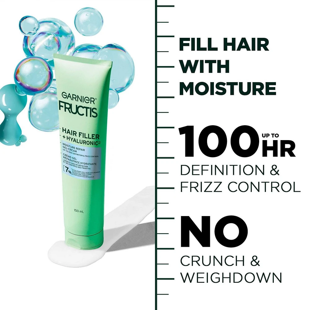 Garnier Fructis Hair Fillers + Acide Hyaluronique Gel-Crème Réparateur Hydratant, pour Cheveux Bouclés & Ondulés, retient l'humidité & donne jusqu'à 100 heures de Contrôle des Frisottis, 150ml Hydrate les cheveux bouclés