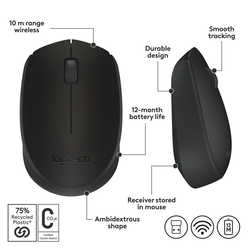 Logitech Wireless Mouse M170, 2.4 GHz with USB Mini Receiver, , 12-Months Battery Life - Black, 12-month battery life