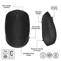 Logitech Wireless Mouse M170, 2.4 GHz with USB Mini Receiver, , 12-Months Battery Life - Black, 12-month battery life