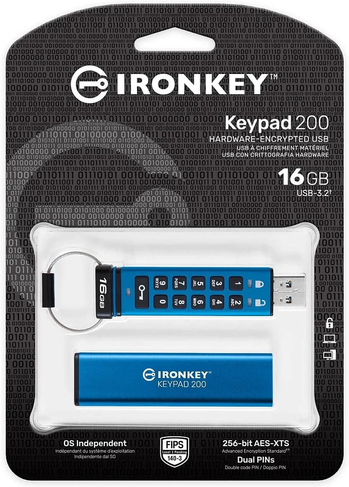 Kingston Ironkey Keypad 200 USB-A Clé USB cryptée 16 Go | Indépendant du système d'exploitation | FIPS 140-3 niveau 3 | XTS-AES 256 bits | Protection BadUSB et Brute Force | Option multi-broches | IKK