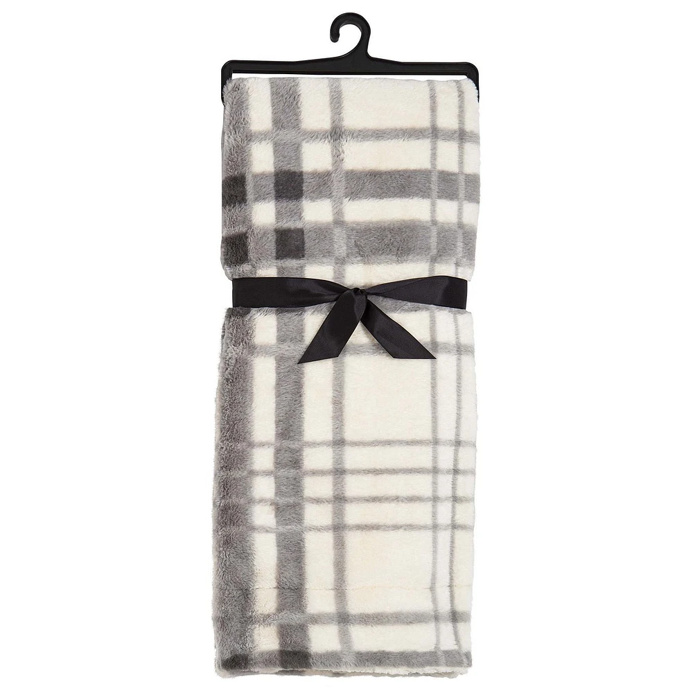 Safdie & Co. Couverture Jeté en Fausse Fourrure Ultra Doux avec Endos en Sherpa Carreaux Gris