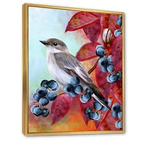 Designart Petit oiseau gris sur l'automne rouge sur la brindille de myrtille ART MURAL À CADRE FLOTTÉ