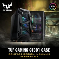 ASUS TUF Gaming GT301 Boîtier compact mi-tour pour cartes mères ATX avec panneau avant en nid d'abeille, ventilateurs RBG adressables Aura 120 mm, support pour casque et support de radiateur 360 mm, 2