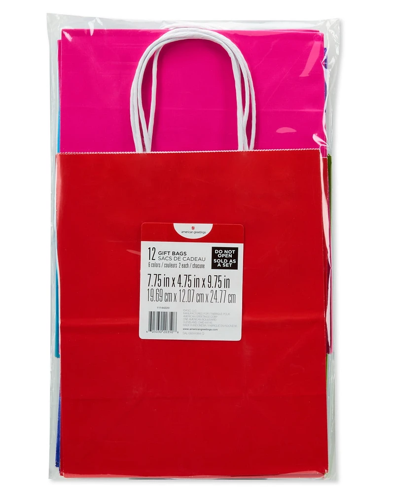 American Greetings 10" Medium Gift Bags, Rainbow Solids (12-Count)
