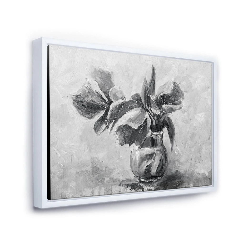 Designart Nature morte monochrome de fleurs dans un vase ART MURAL À CADRE FLOTTÉ