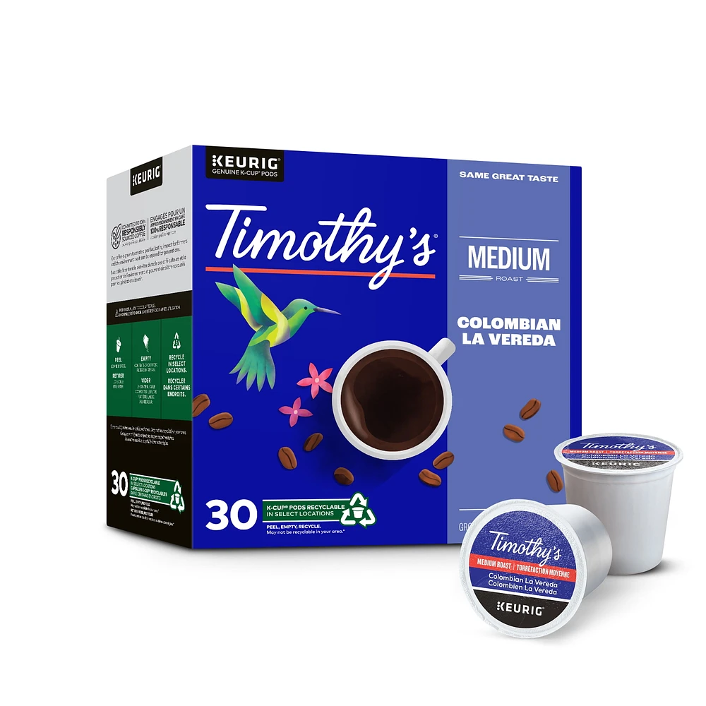 Timothy’s Colombian La Vereda, Medium Roast, K-Cup Coffee Pods, 30 count