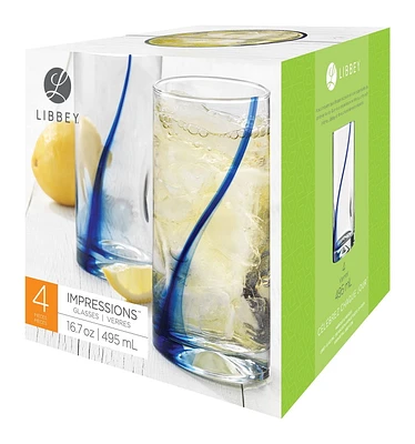 Libbey Blue Ribbon Cooler Glass Set, Set of 4, 16.5 oz/488 mL