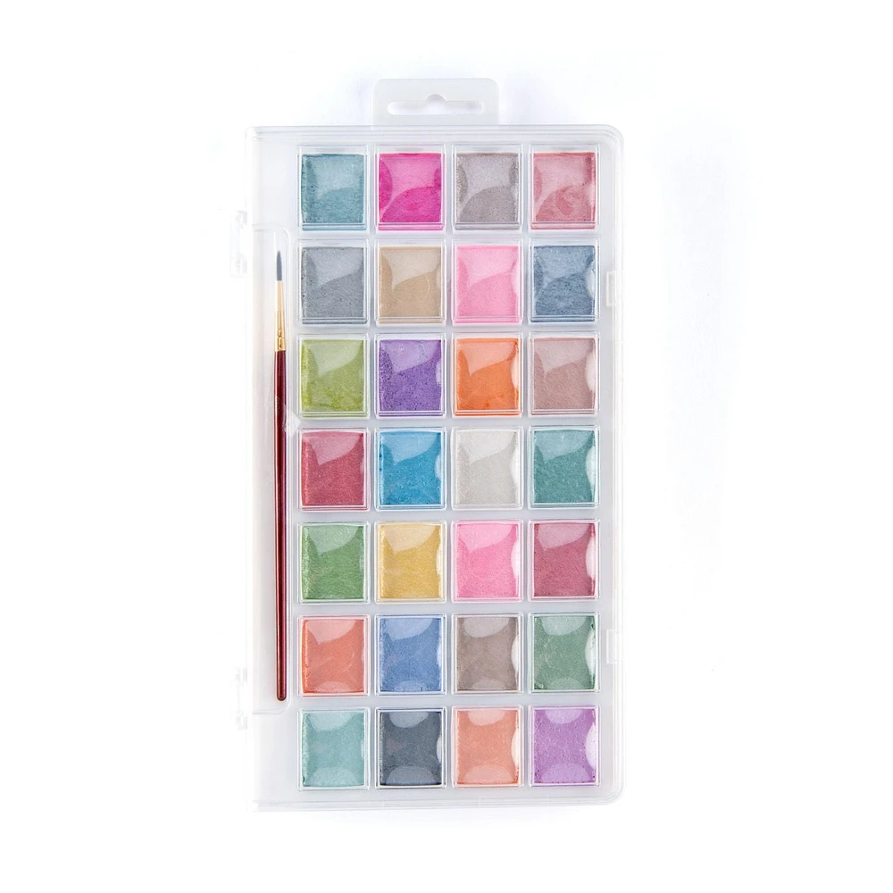 Royal & Langnickel - Ensemble de gâteaux de peinture aquarelle nacrée 28 couleurs avec pinceau 28 gâteaux aquarelle nacrés