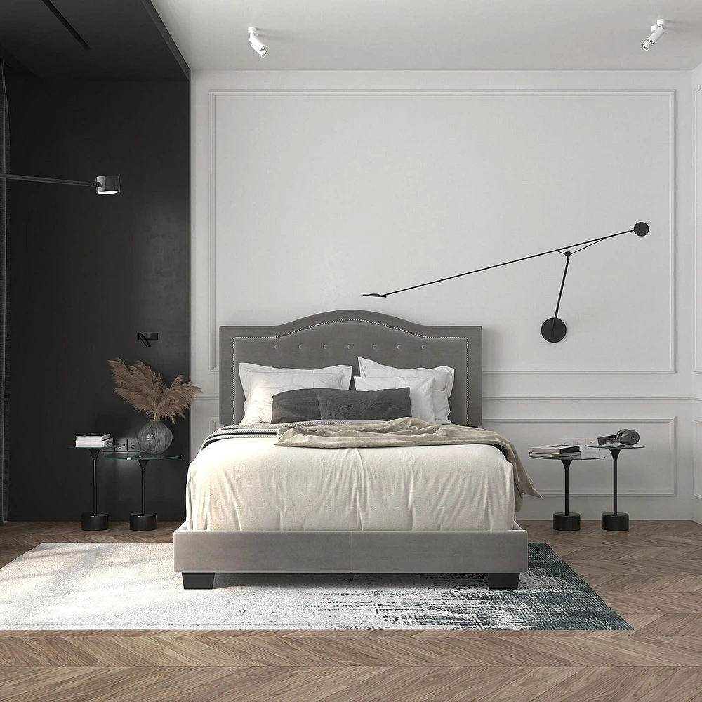 Modern Velvet Upholstered 60" Queen Bed in Light Grey