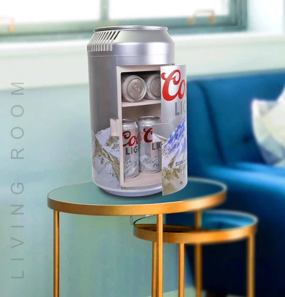 Coors Light 8 Can Portable Mini Fridge, 5.4L Personal Cooler for Office, Dorm, Travel - Silver