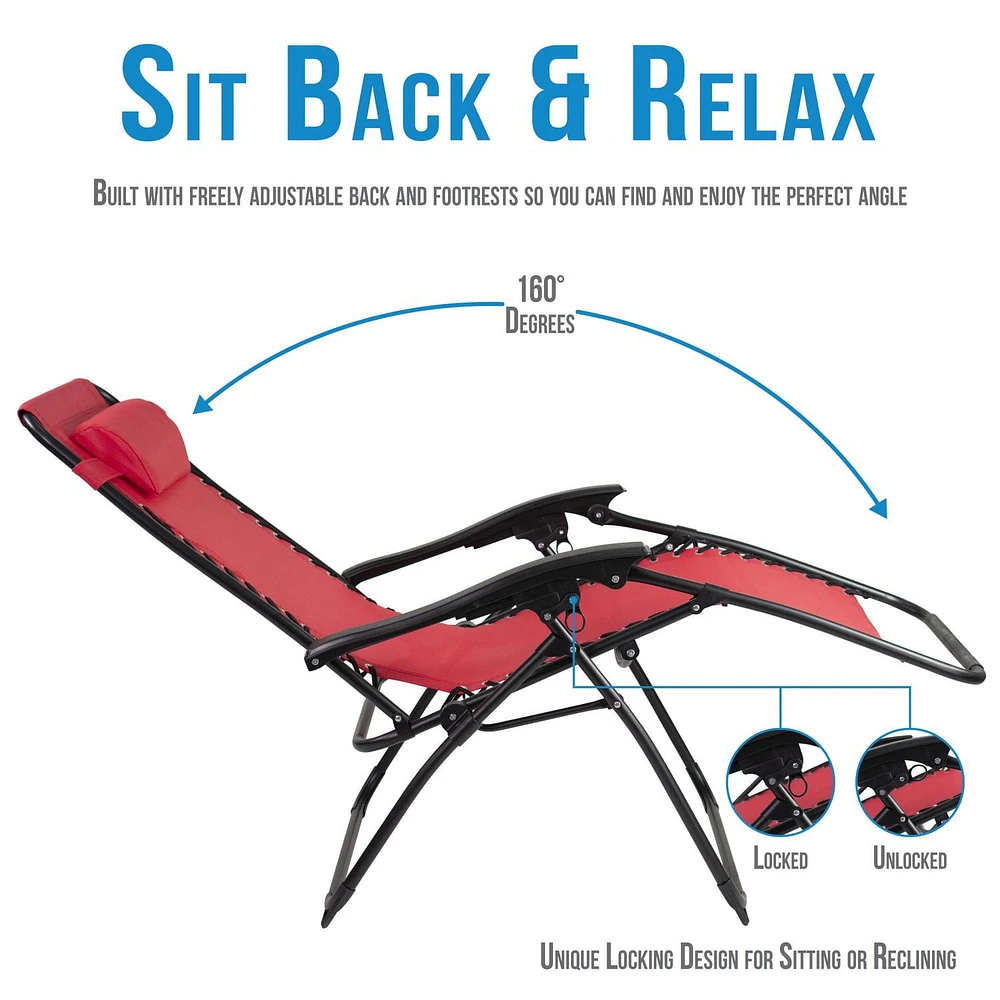 Lot de 2 chaises à gravité Patio Premier avec couvre-pieds et grand porte-gobelet - Rouge