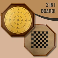 Tradeopia Jeu de Crokinole en Bois Brun 2-en-1, Retournez le Plateau pour Jouer aux Échecs ou aux Dames