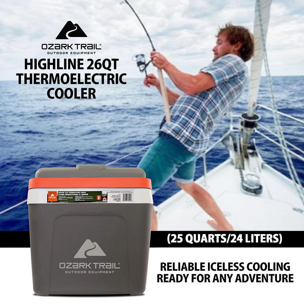 Glacière thermoélectrique Ozark Trail 26 pintes, glacière de voyage portable, Highline 12 V sans glace 30 canettes, gris