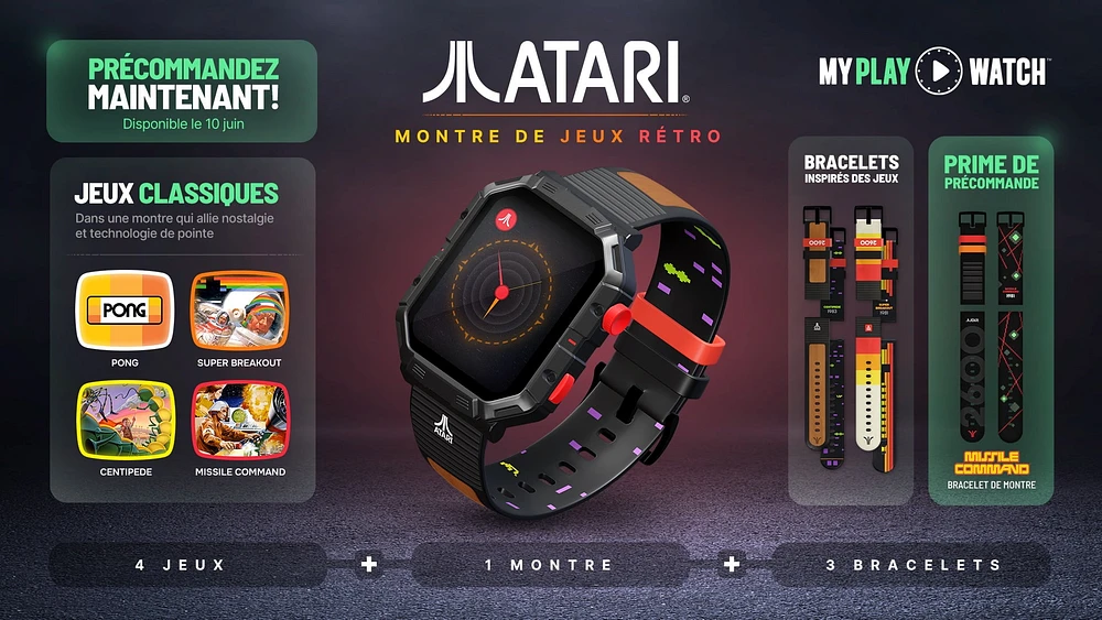 Montre My Play Watch Atari 2600™ – Montre intelligente de jeu rétro avec technologie sélective, non connectée, jeux Centipede™, Pong™, Missile Command™, Super Breakout™ intégrés, moniteur d’activités