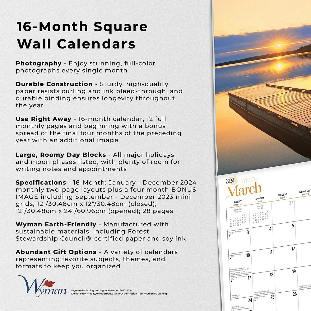 Wyman Publishing Manitoba 2024 12x24 Inch Square Wall Calendar, 9781525611513