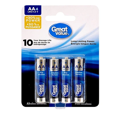 Great Value AA LR6/1.5 V Alkaline Batteries 4-Pack, 10-year storage life, Long lasting power guarantee