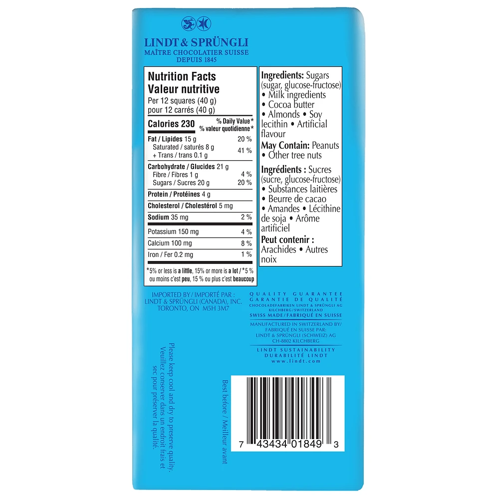 Lindt SWISS CLASSIC White Chocolate Almond Bar, 100 g, LINDT SWISS CLASSIC WHITE ALMOND 100G