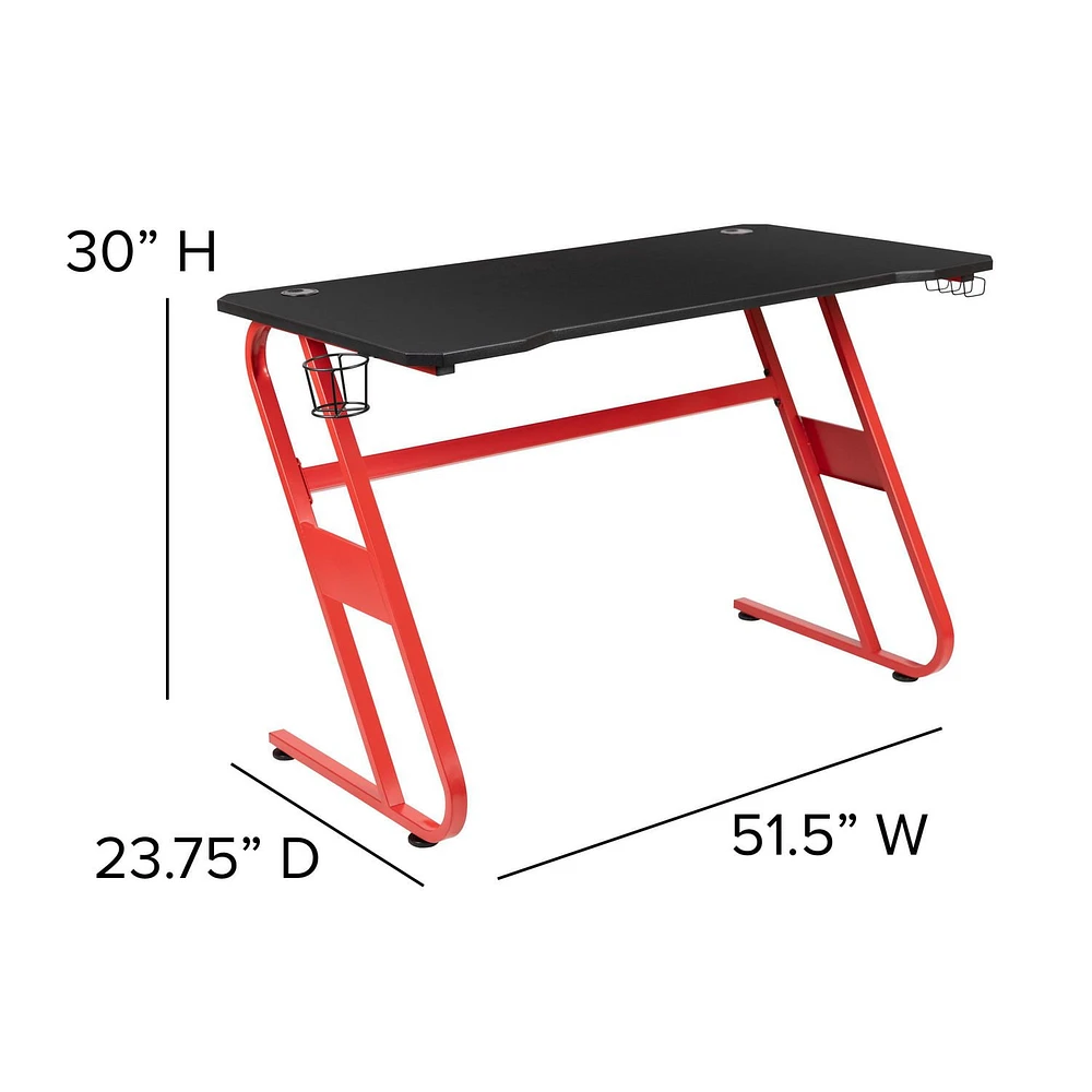 Bureau ergonomique de jeu rouge avec porte-gobelet et crochet pour casque
