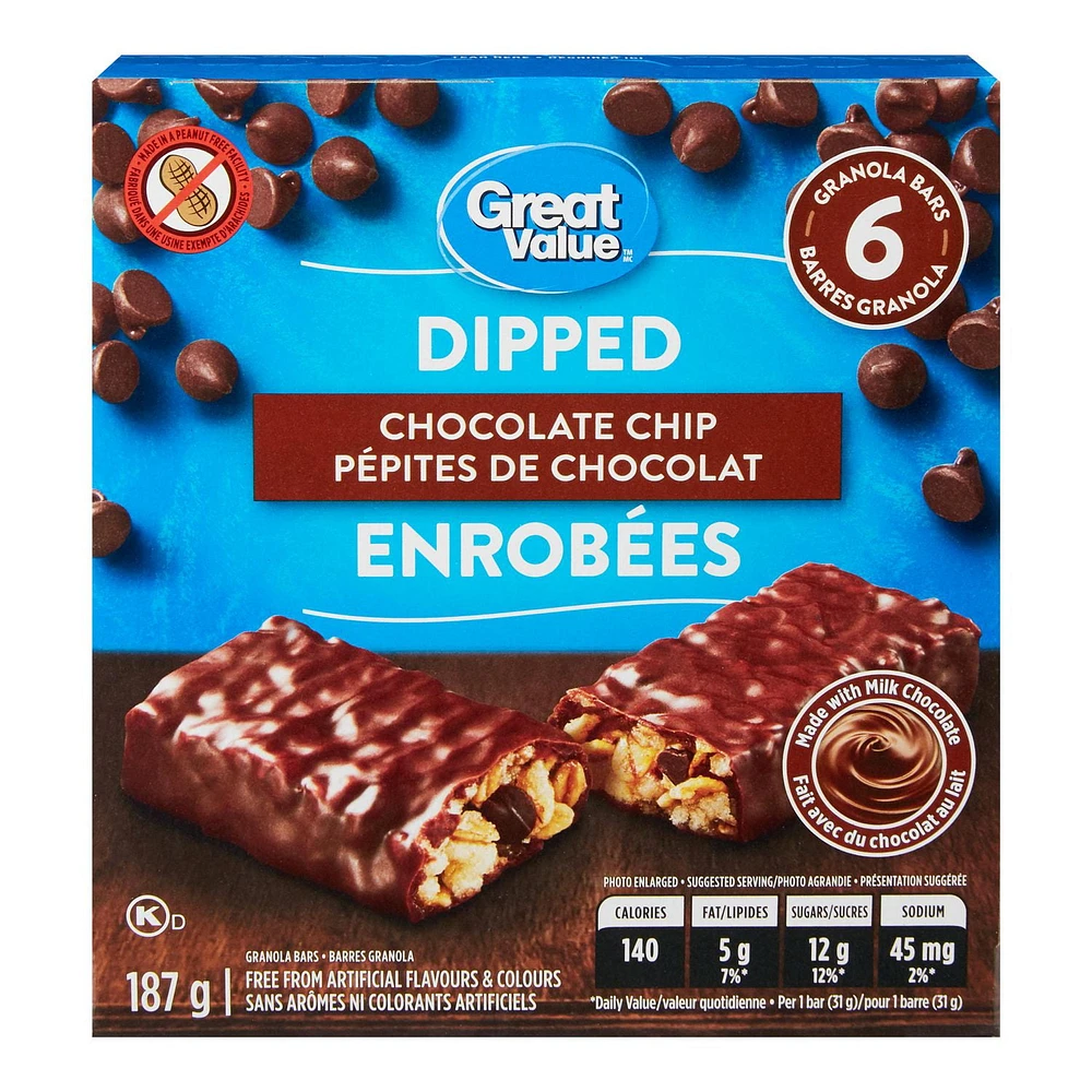 Great Value Dipped Chocolate Chip Granola Bars, 6 Bars, 187 g