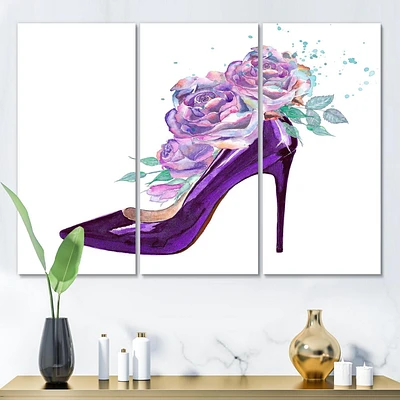 Designart Dark Purple Stiletto Shoe With Pink VIolet Roses Canvas Wall Art