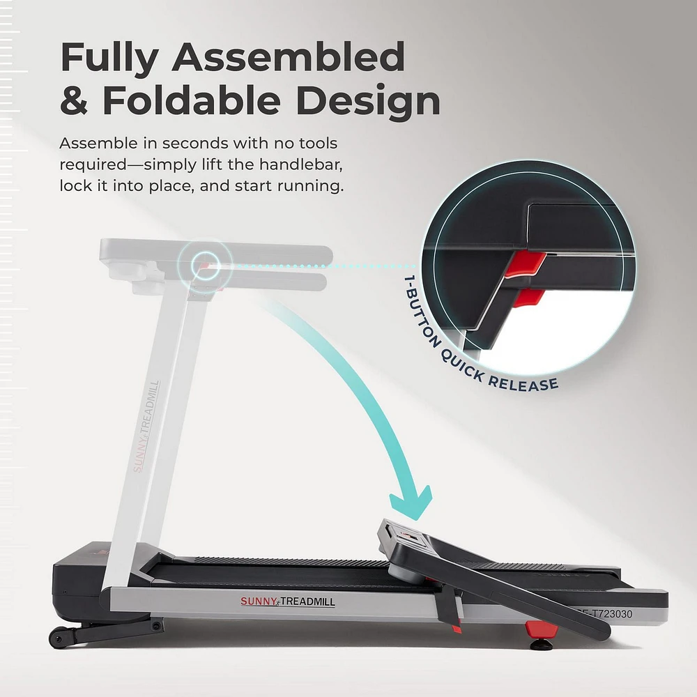 Sunny Health & Fitness Foldable 15 Level Auto Incline Treadmill, 20" Wide Running Belt, Quiet Brushless, Digital Display, 300 LB Weight Capacity, SunnyFit App Bluetooth Connection- SF-T723030