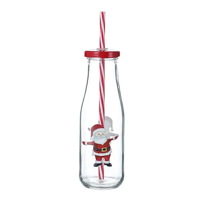 HOLIDAY TIME 14.88 oz Glass Bottle with red lid & straw<br>XMAS DESIGN PATTERN - SANTA