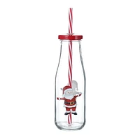 HOLIDAY TIME 14.88 oz Glass Bottle with red lid & straw<br>XMAS DESIGN PATTERN - SANTA