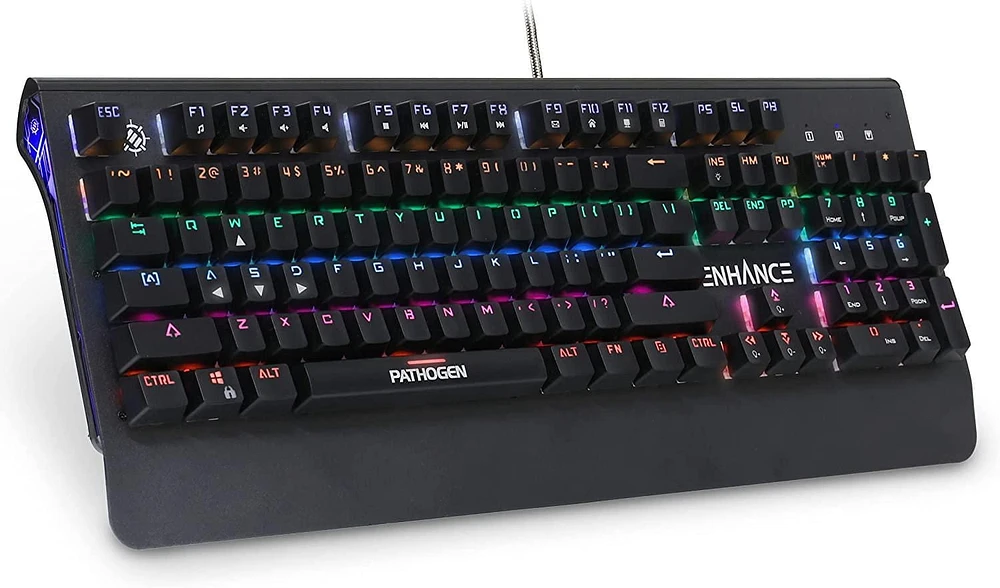 ENHANCE Pathogen 2 Blue Switch Mechanical Keyboard - Mechanical Gaming Keyboard with Fast 1ms Response Polling Rate, Integrated Wrist Rest, 26KRO & Anti-Ghosting, 7 LED Rainbow Lighting Effects