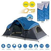 Ozark Trail Ensemble de Camping 3 Pièces - Bleu, Inclut 2 Sacs de Couchage, Capacité Maximale : 6 Personnes. Pack Tente 6 Personnes