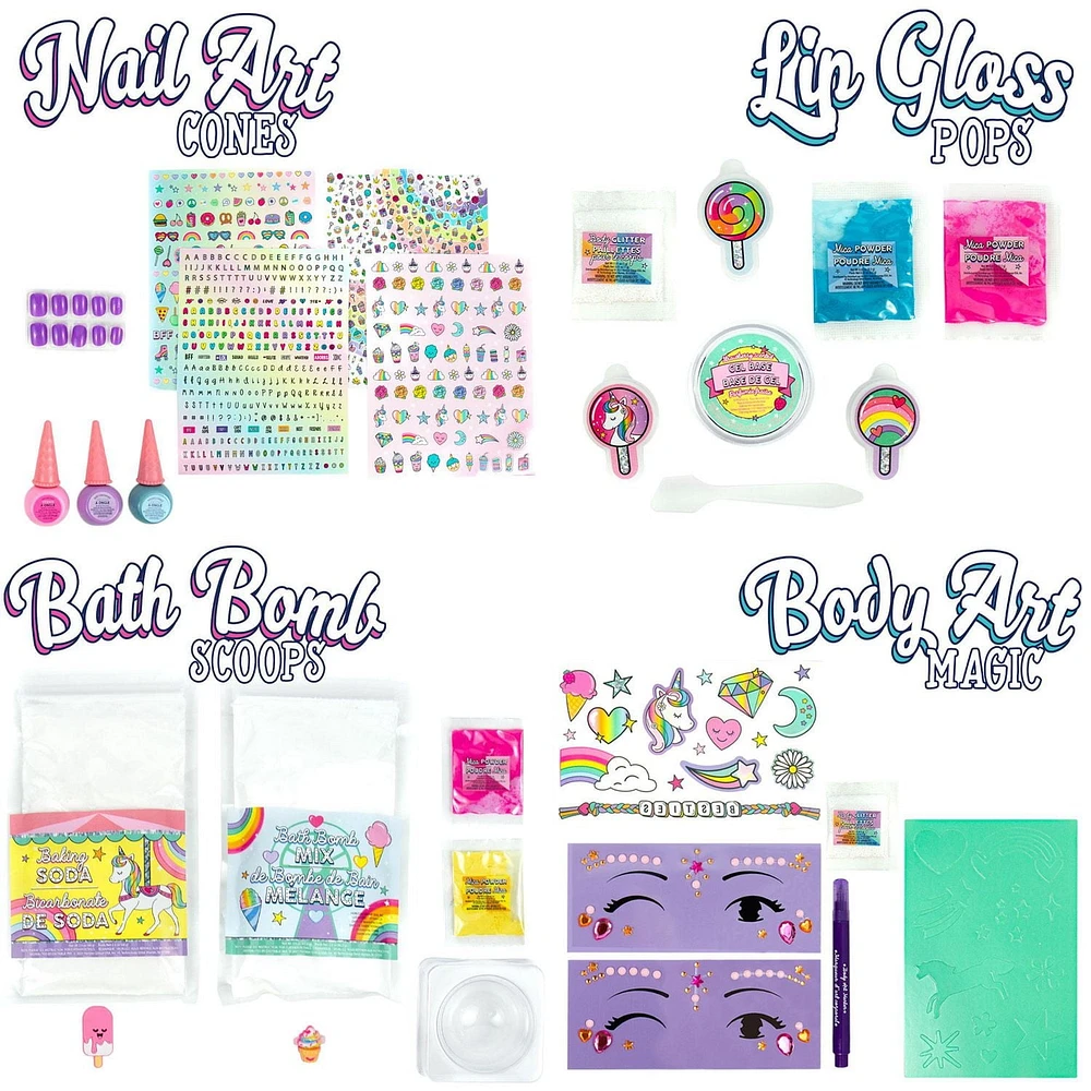 Spa vive la fête foraine 4-en-1 de Just My Style!, lot tout en un de 4 kits d’activité mode, inclut DIY brillant pour les lèvres, art des ongles, art du corps et bombes pour le bain
