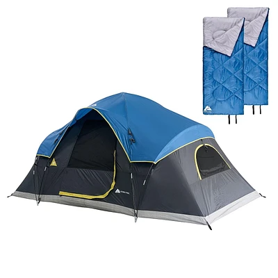Ozark Trail Ensemble de Camping 3 Pièces - Bleu, Inclut 2 Sacs de Couchage, Capacité Maximale : 6 Personnes. Pack Tente 6 Personnes