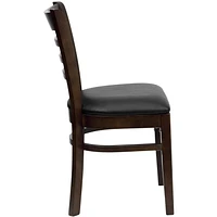 Chaise de restaurant de la série HERCULES en bois de noyer à dossier échelle - siège en vinyle noir