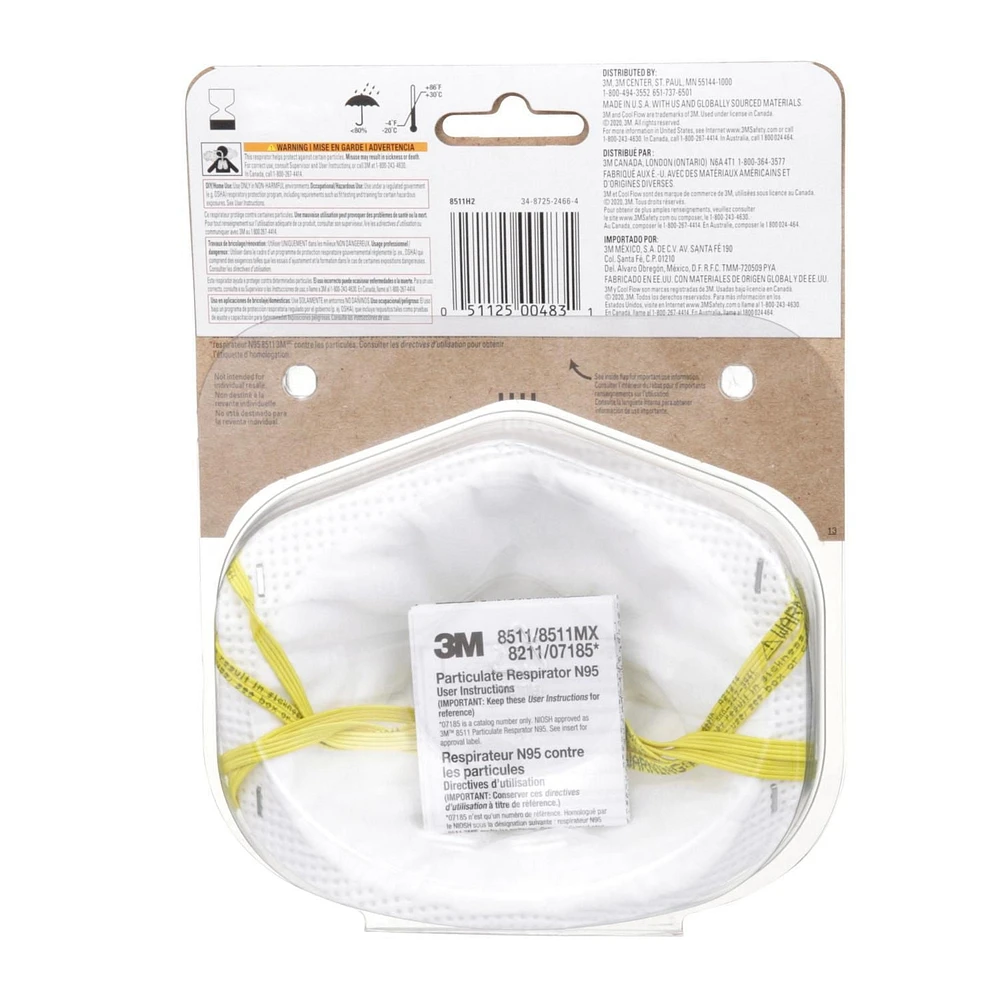 Appareil de protection respiratoire 8511H2-DC-PSCA 3M(MC) de Série Pro, ponçage et fibre de verre, N95, avec soupape, 2/paquet Appareil 8511H2-DC-PSCA 3M(MC)