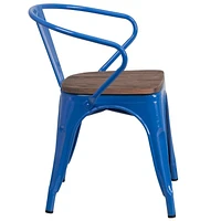 4 Pk. Blue Metal Chair with Wood Seat and Arms