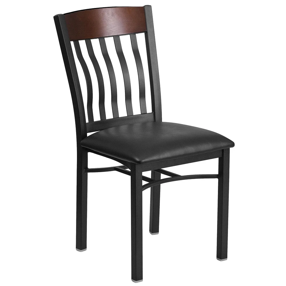 Lot de 2 pièces - Chaise de restaurant de la série Eclipse en métal noir et bois de noyer avec dossier vertical et siège en vinyle noir