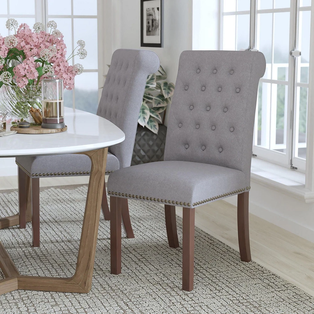 HERCULES Series Light Gray Fabric Parsons Chair with Rolled Back, Accent Nail Trim and Walnut Finish