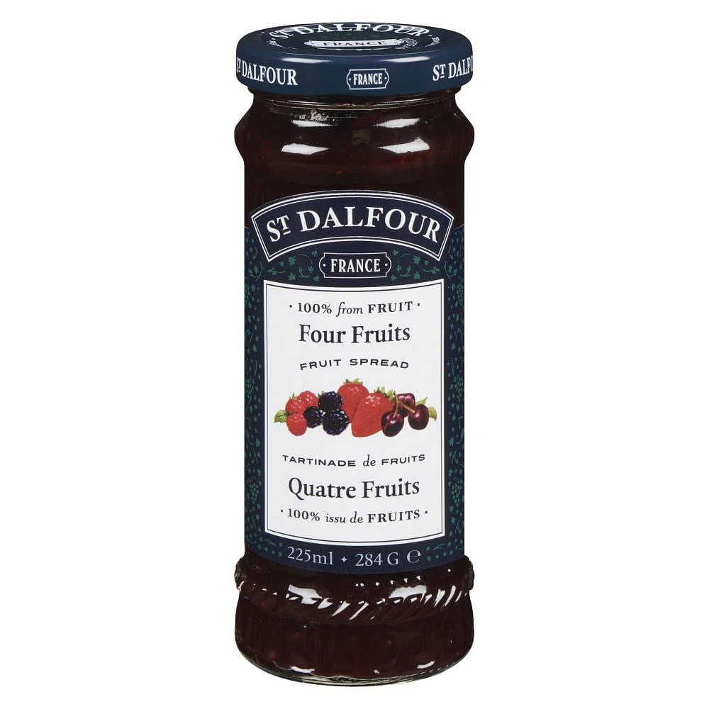 St Dalfour Tartinade Aux Quatre Fruits La tartinade quatre fruits St.Dalfour est une confiture de fruits sucrée 100% naturelle à base de fraises, cerises, de framboises rouges et de mûres, sans sucre ni conservateur ajouté. Fabriqué selon une recette française traditionnelle, il est sans gluten, sans OGM et regorge riche saveur baies.