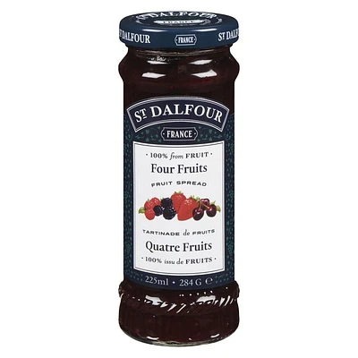 St Dalfour Tartinade Aux Quatre Fruits La tartinade quatre fruits St.Dalfour est une confiture de fruits sucrée 100% naturelle à base de fraises, cerises, de framboises rouges et de mûres, sans sucre ni conservateur ajouté. Fabriqué selon une recette française traditionnelle, il est sans gluten, sans OGM et regorge riche saveur baies.