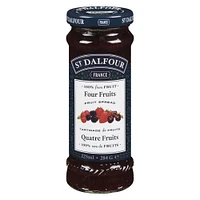 St Dalfour Tartinade Aux Quatre Fruits La tartinade quatre fruits St.Dalfour est une confiture de fruits sucrée 100% naturelle à base de fraises, cerises, de framboises rouges et de mûres, sans sucre ni conservateur ajouté. Fabriqué selon une recette française traditionnelle, il est sans gluten, sans OGM et regorge riche saveur baies.